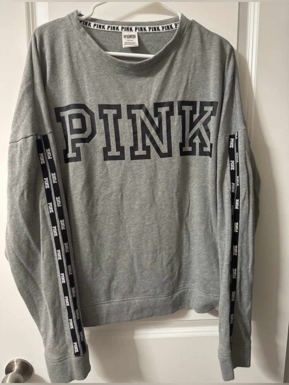 PINK Victoria's Secret Gray Sweatshirt with Black Logo Tape